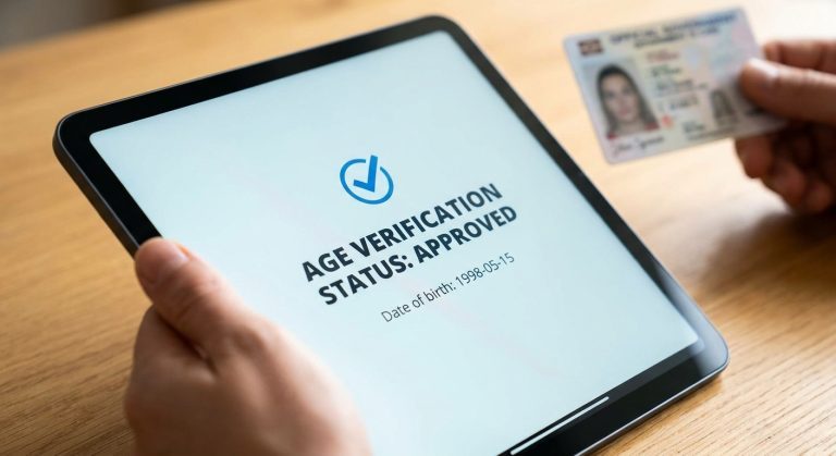 Age verification online gambling illustrated as a tablet UI displaying successful age verification with a blurred passport document.
