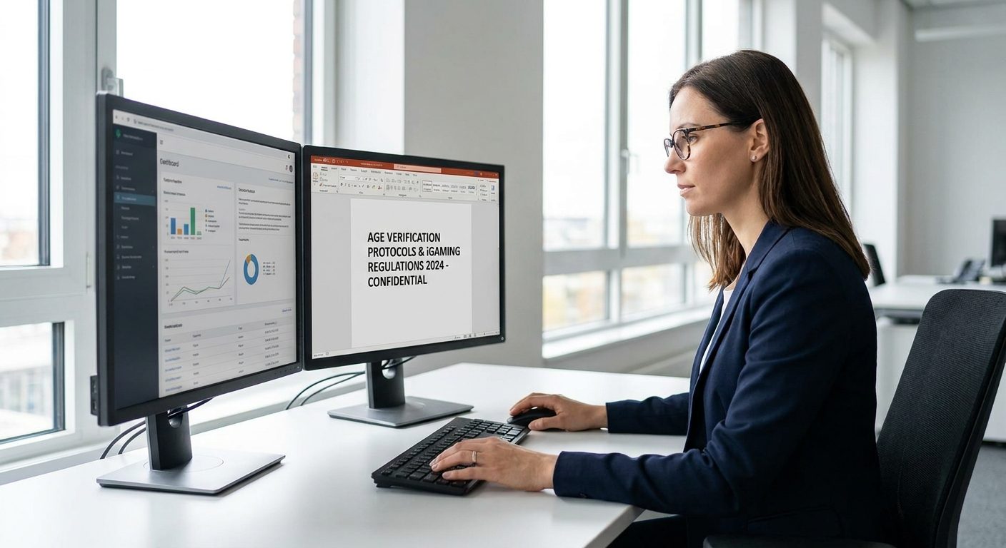 Compliance officer reviewing iGaming age verification protocols on a workstation.