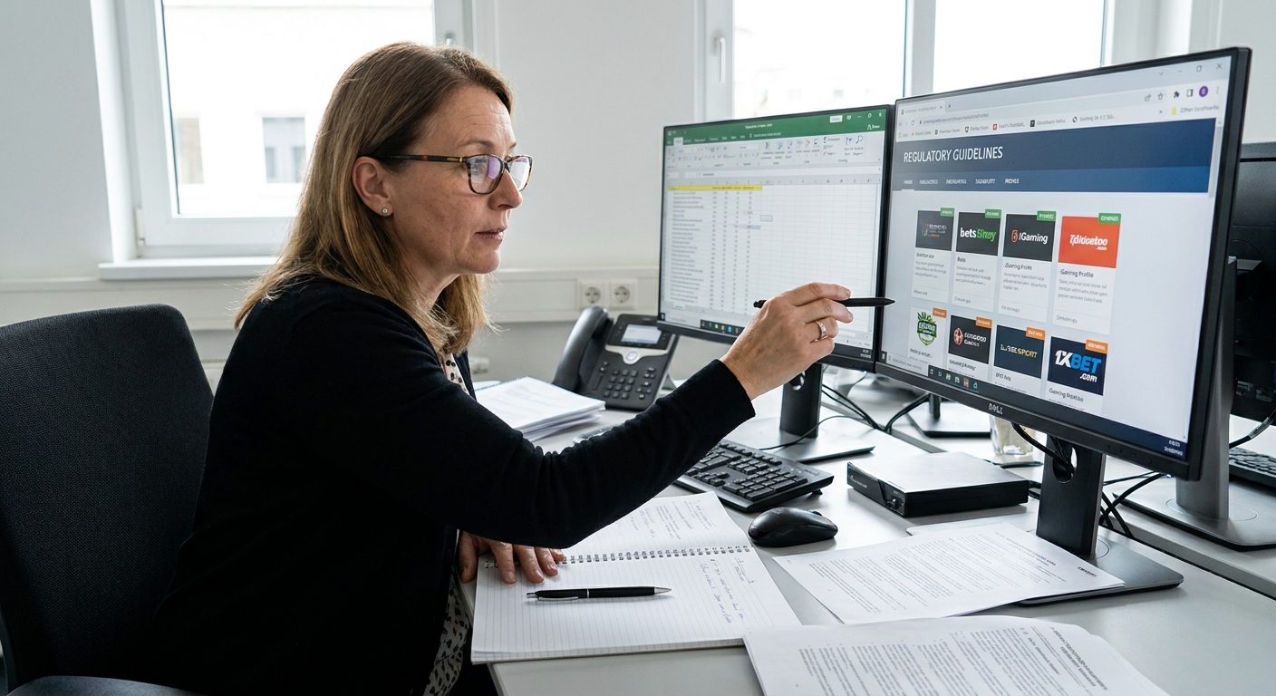 Compliance officer reviewing iGaming regulatory documents and link profile data on a workstation.