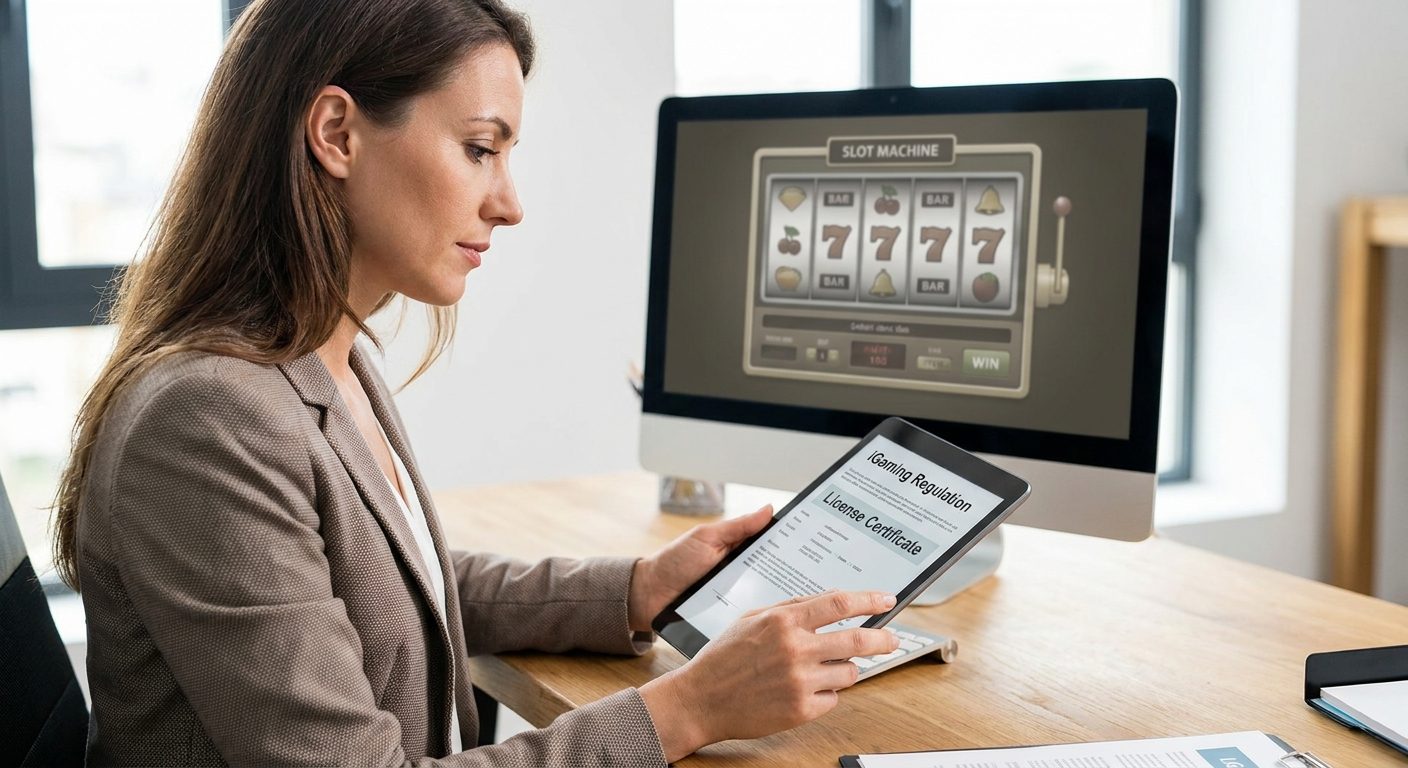 Compliance officer reviewing iGaming regulatory frameworks and license documents on a workstation in a modern office.