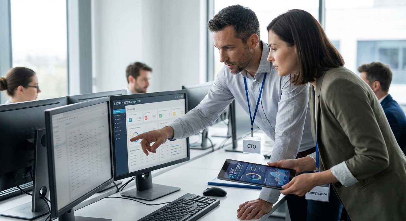 CTO and Compliance Officer reviewing AI risk detection dashboard and RegTech integration.