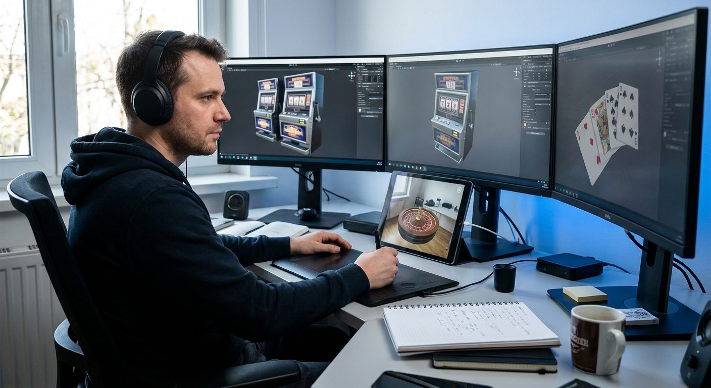 Developer creating 3D models for augmented reality casino game components on a workstation.