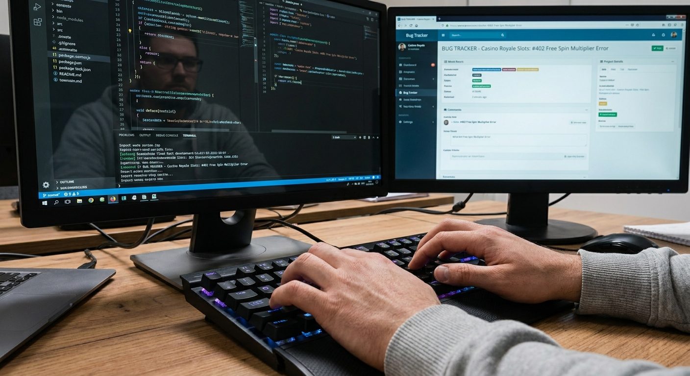 Developer fixing game code issues in a bug tracking system during the development lifecycle.