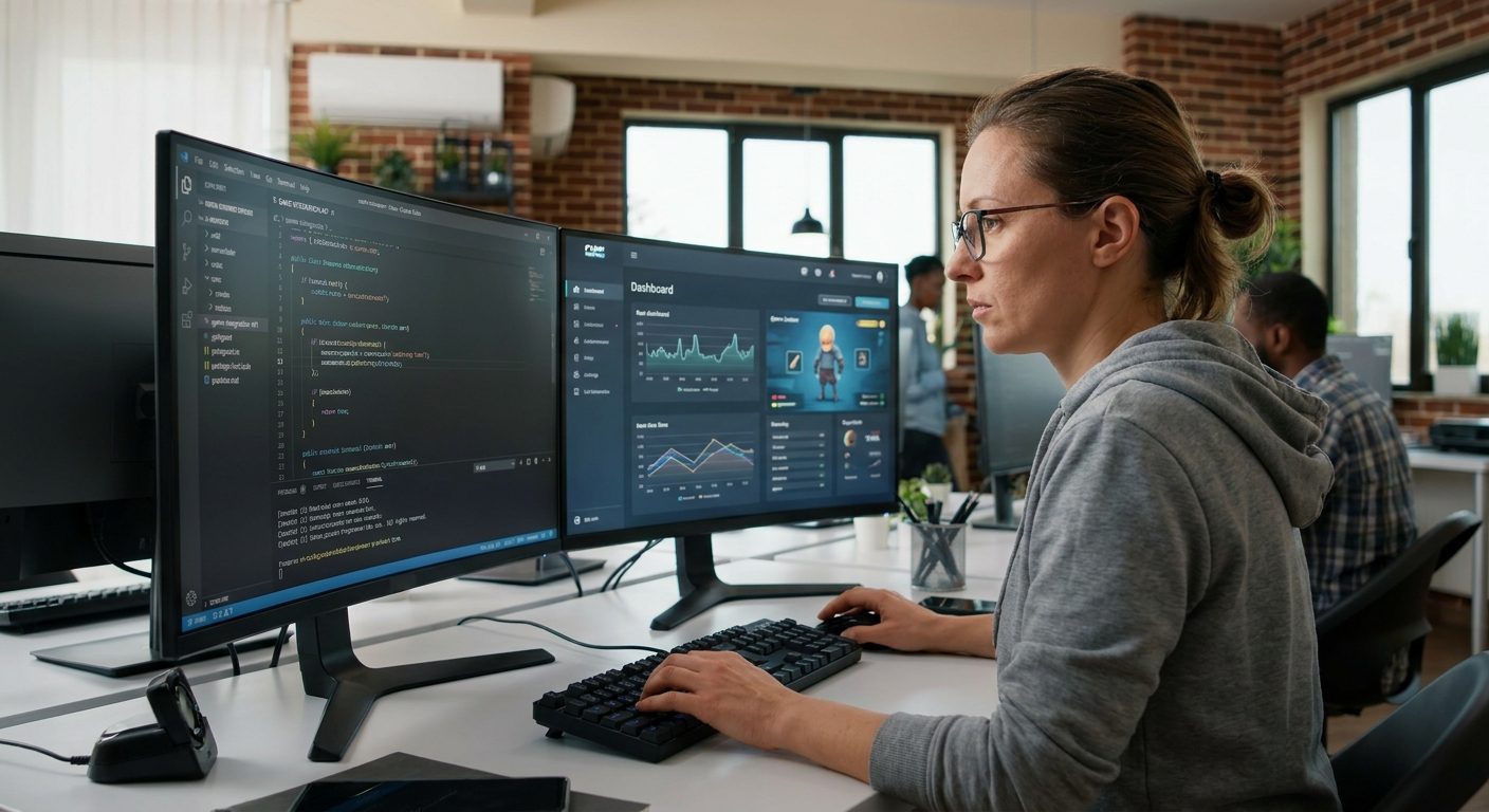 Developer integrating iGaming APIs and reviewing compliance standards on a multi-screen workstation.