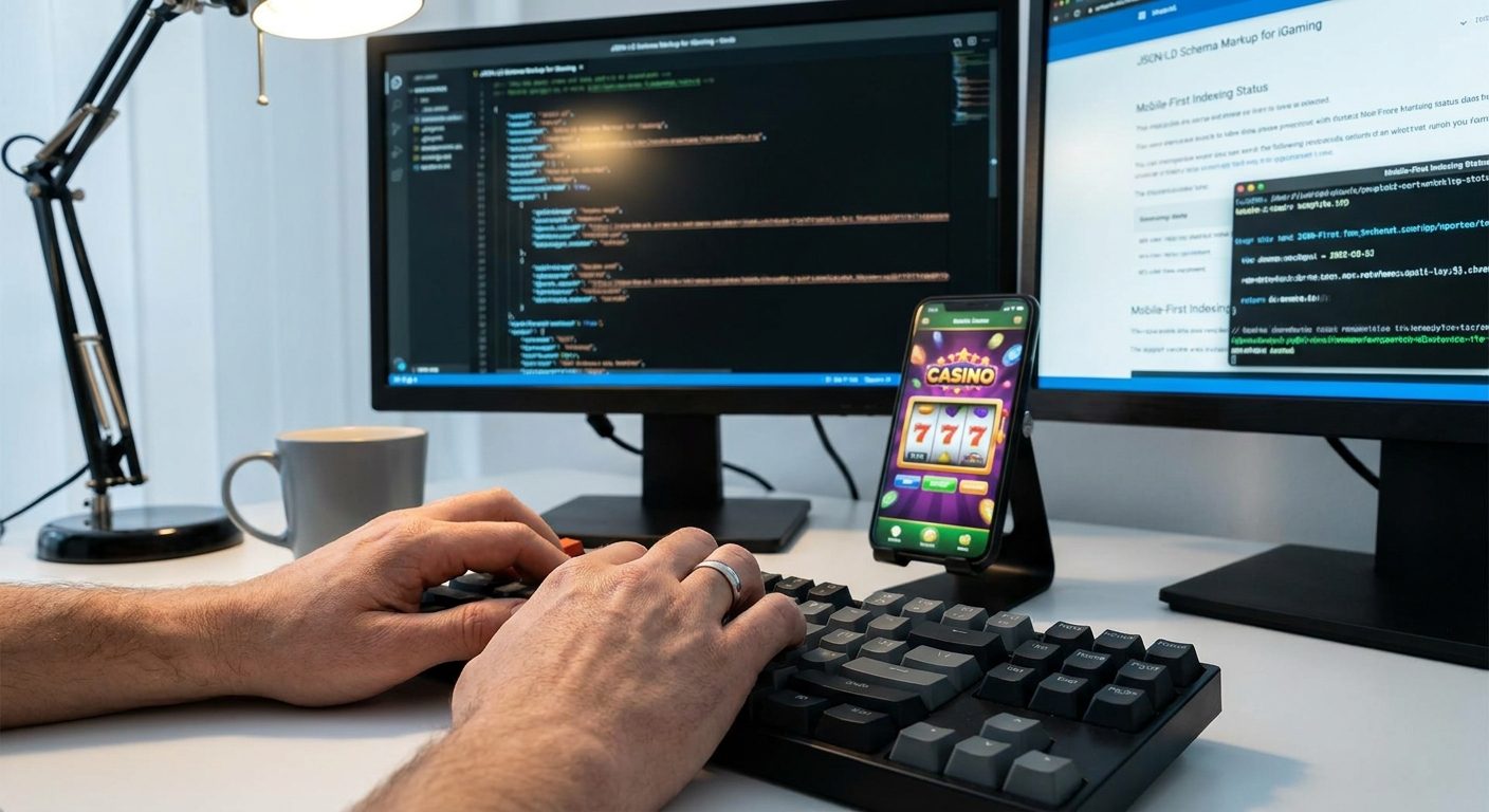 Developer optimizing a mobile iGaming site for Core Web Vitals, focusing on speed and responsiveness on a mobile device.