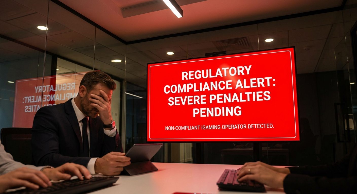 Digital screen showing a red alert, representing iGaming regulatory non-compliance consequences.
