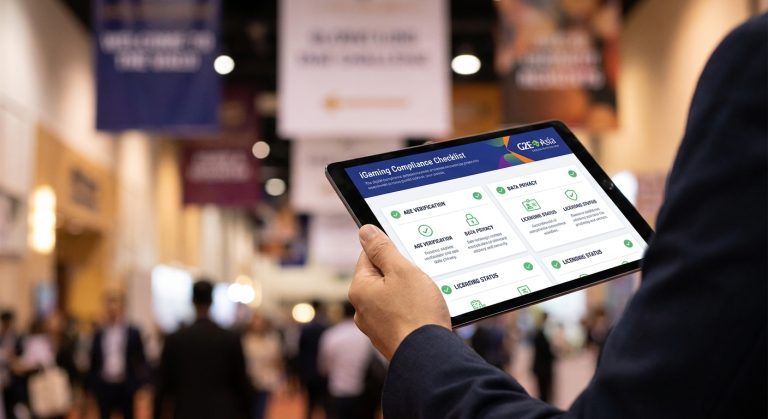 G2E Asia illustrated as an operator reviewing market entry strategies and regulatory frameworks on a tablet.