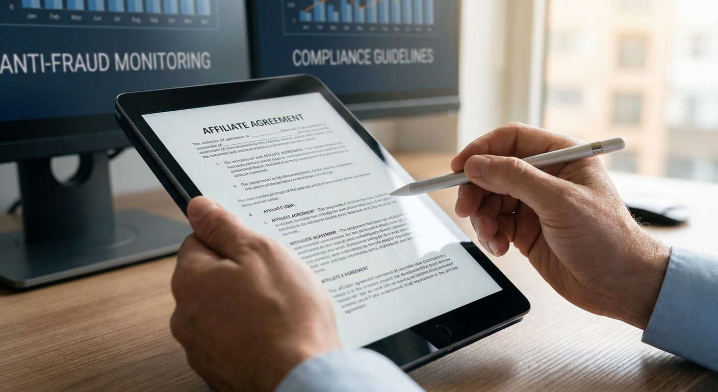 Hands reviewing an affiliate agreement document with anti-fraud software on a screen.