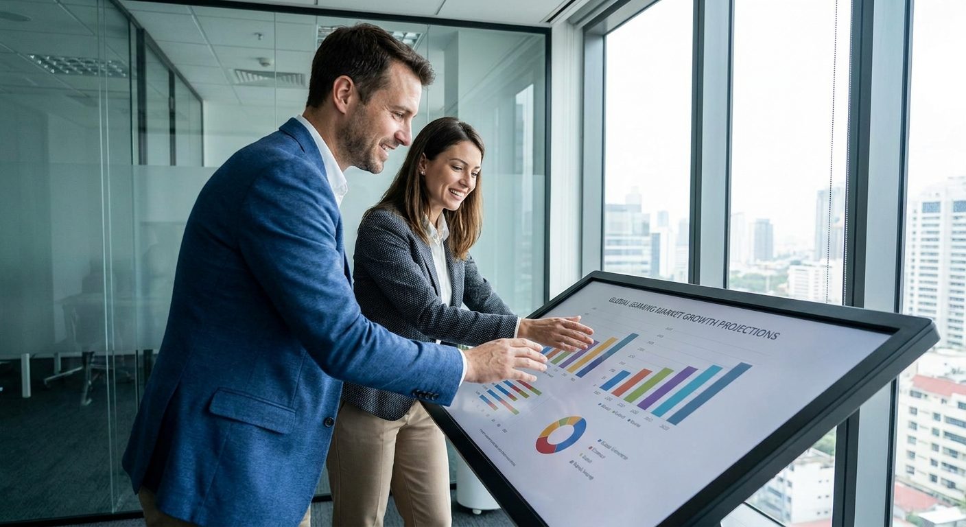 iGaming operators analyzing market growth potential in emerging Asian jurisdictions on a data dashboard.