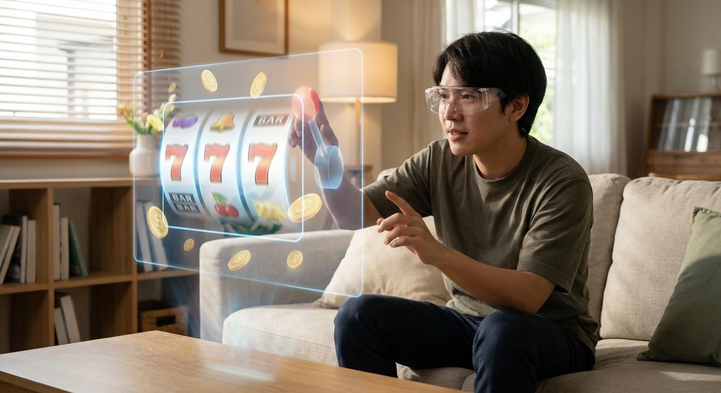 Immersive AR slot machine experience enhancing player engagement within a personalized home environment.