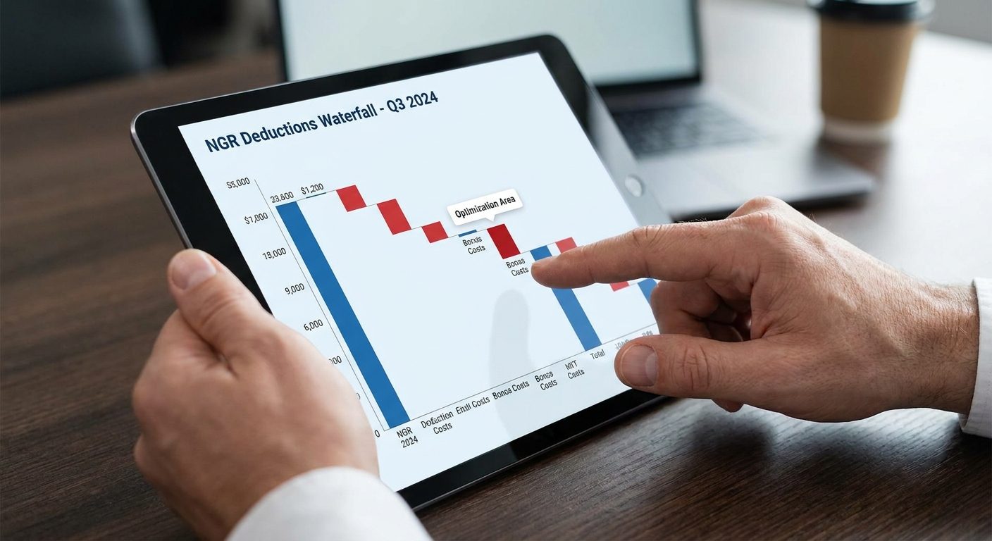 Operator optimizing iGaming profitability by analyzing an NGR deduction waterfall chart on a tablet.