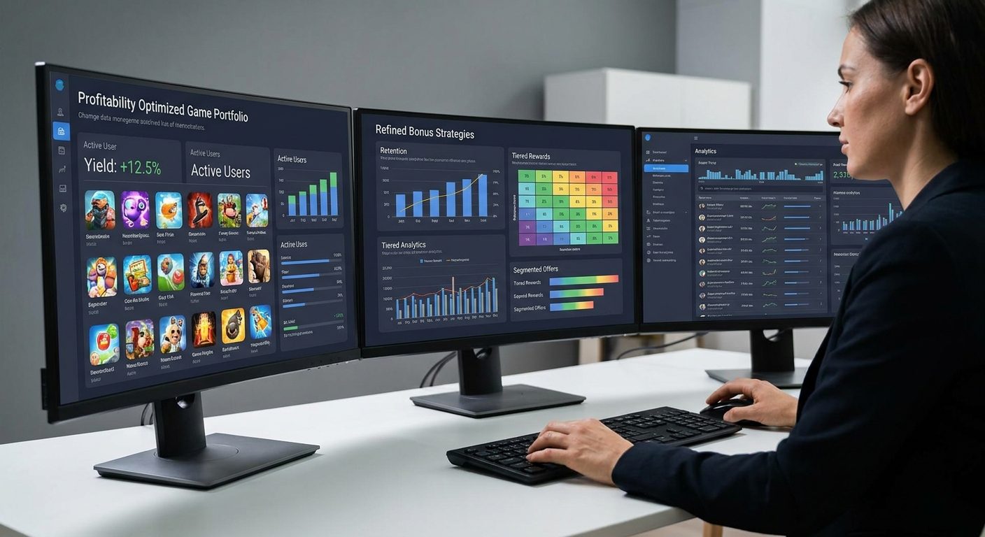 Optimized iGaming game portfolio and profitable bonus strategy displayed on a multi-monitor workstation.