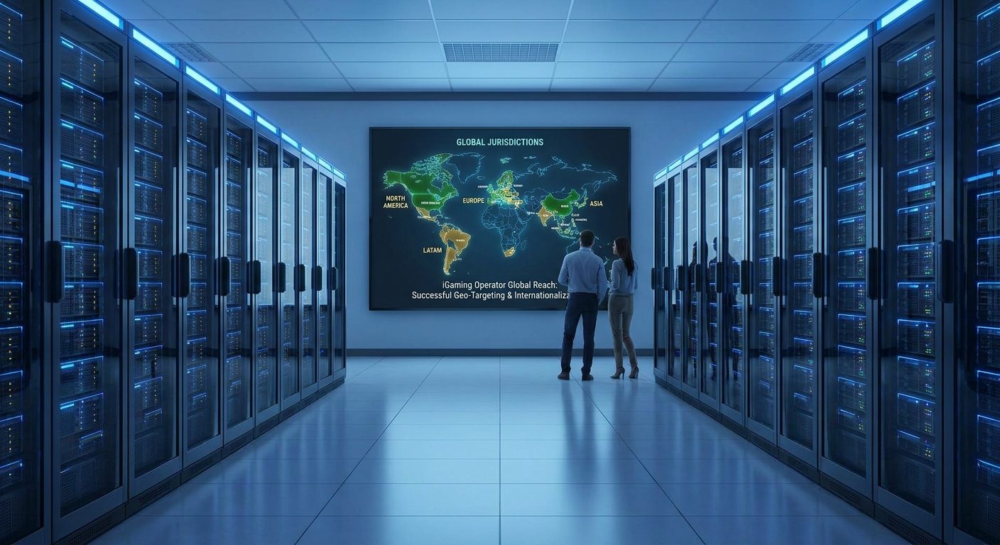 Organized server racks and a global map on screen, symbolizing successful internationalization for an iGaming operator.