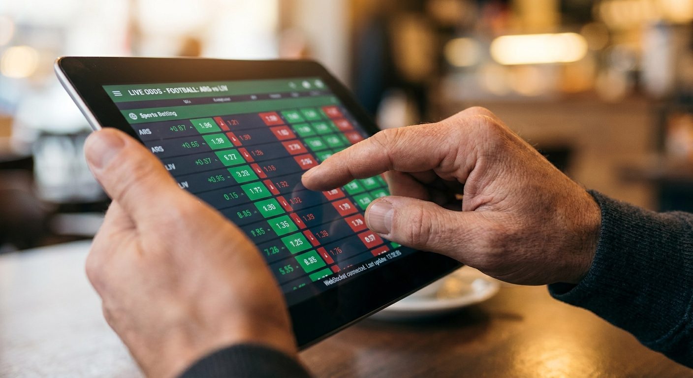 Player engaging with a live betting interface on a tablet, showing real-time odds updates.