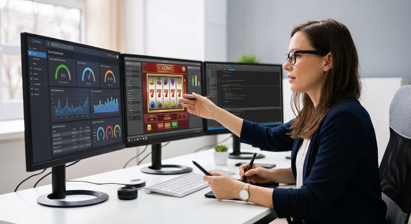 QA engineer analyzing iGaming performance data and test results on a professional workstation.