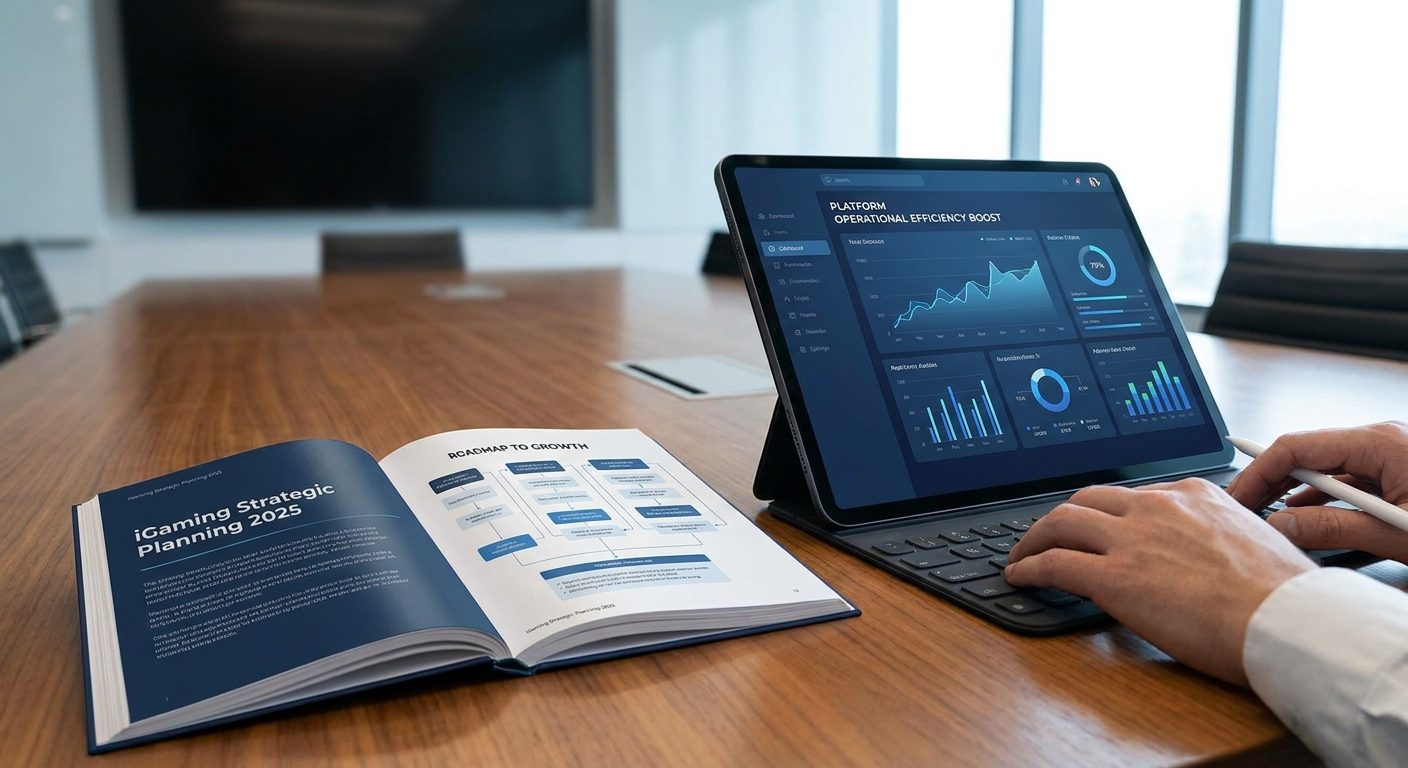 Strategic planning document and iGaming platform UI showing enhanced operational efficiency and product roadmap.