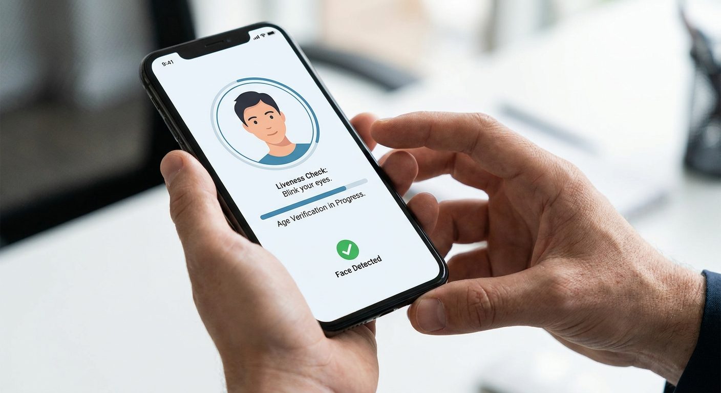 User performing biometric liveness detection on a smartphone for identity verification.