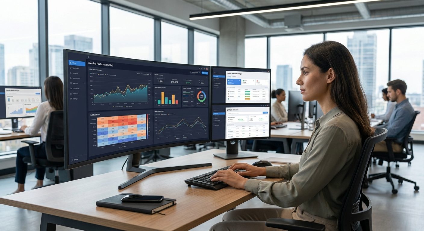 Workstation displaying integrated analytics hub for cohesive iGaming strategy and marketing channels.