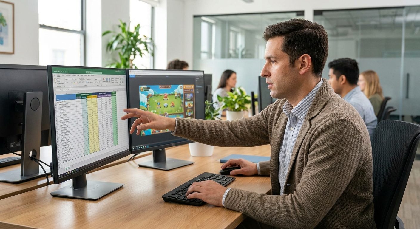 Casino product manager reviewing RTP weighting and game contribution tables on a professional office workstation.