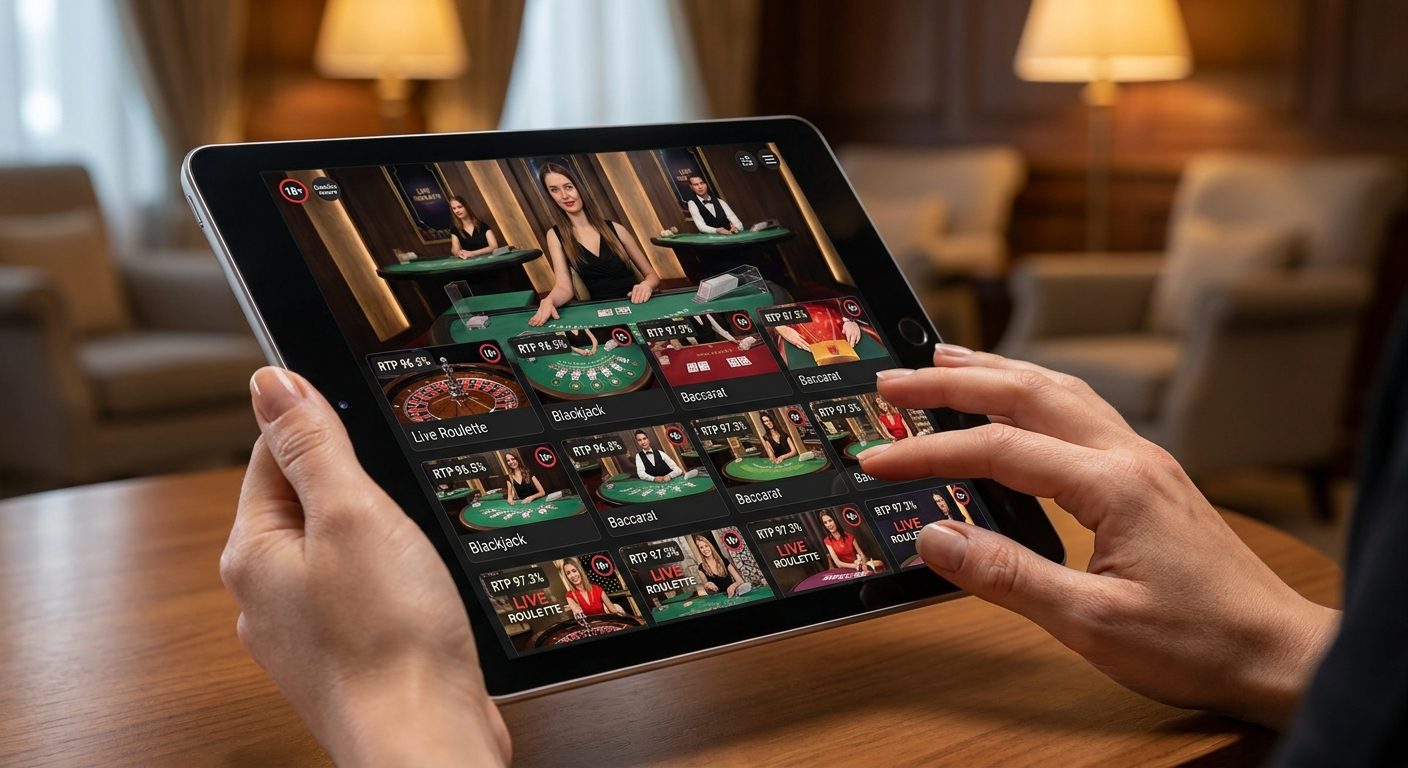 Certified iGaming platform interface showing integrated RTP data and GamCare badges on a mobile device.