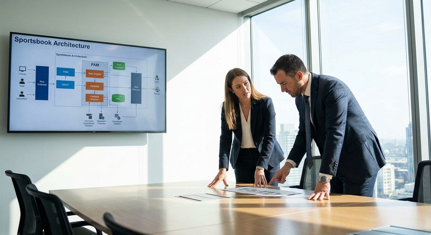 Compliance professionals reviewing sportsbook architecture diagrams for technical audit preparation in a boardroom.