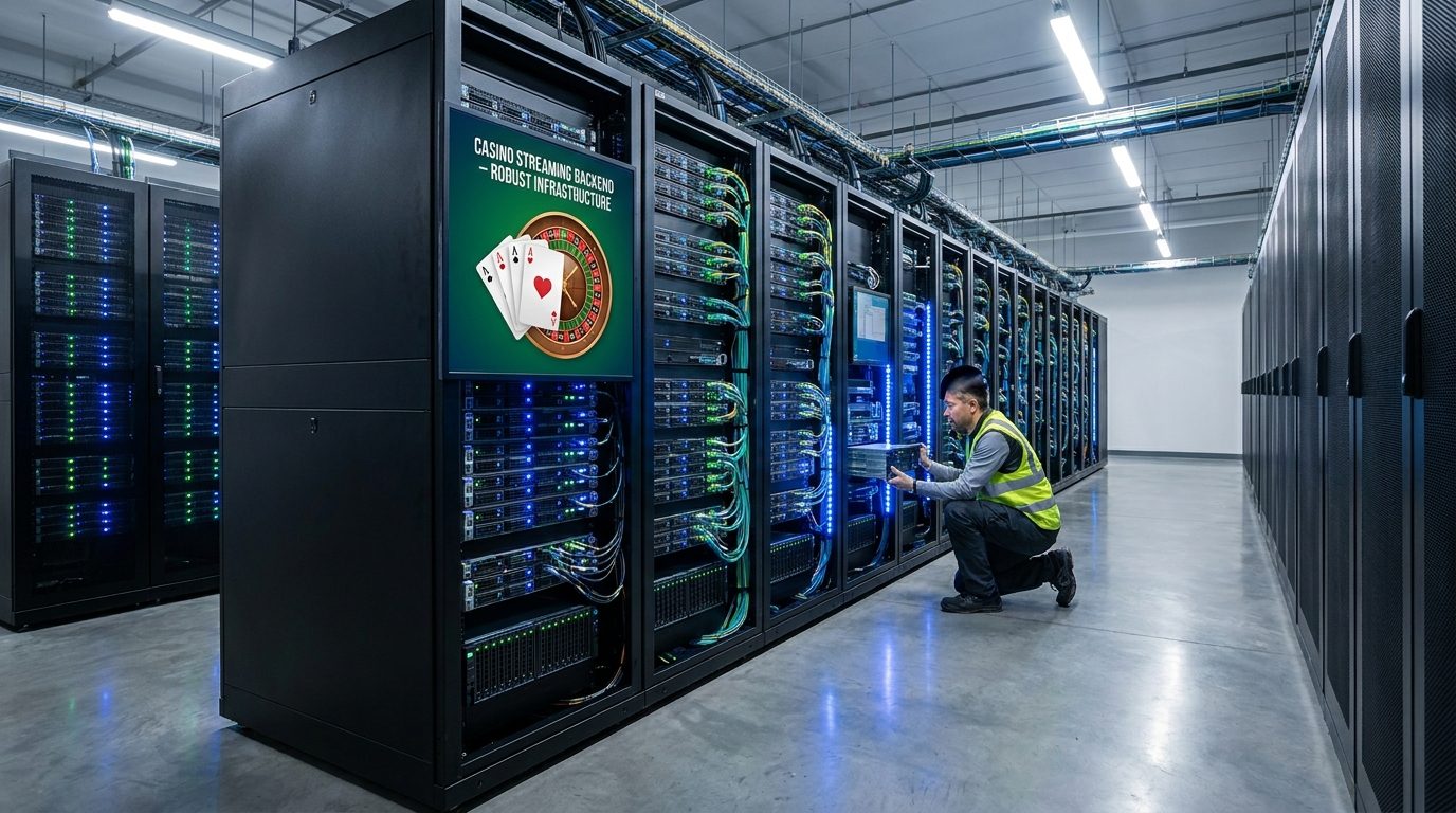 Data center infrastructure supporting low-latency API integration for high-concurrency 3D casino game streaming.