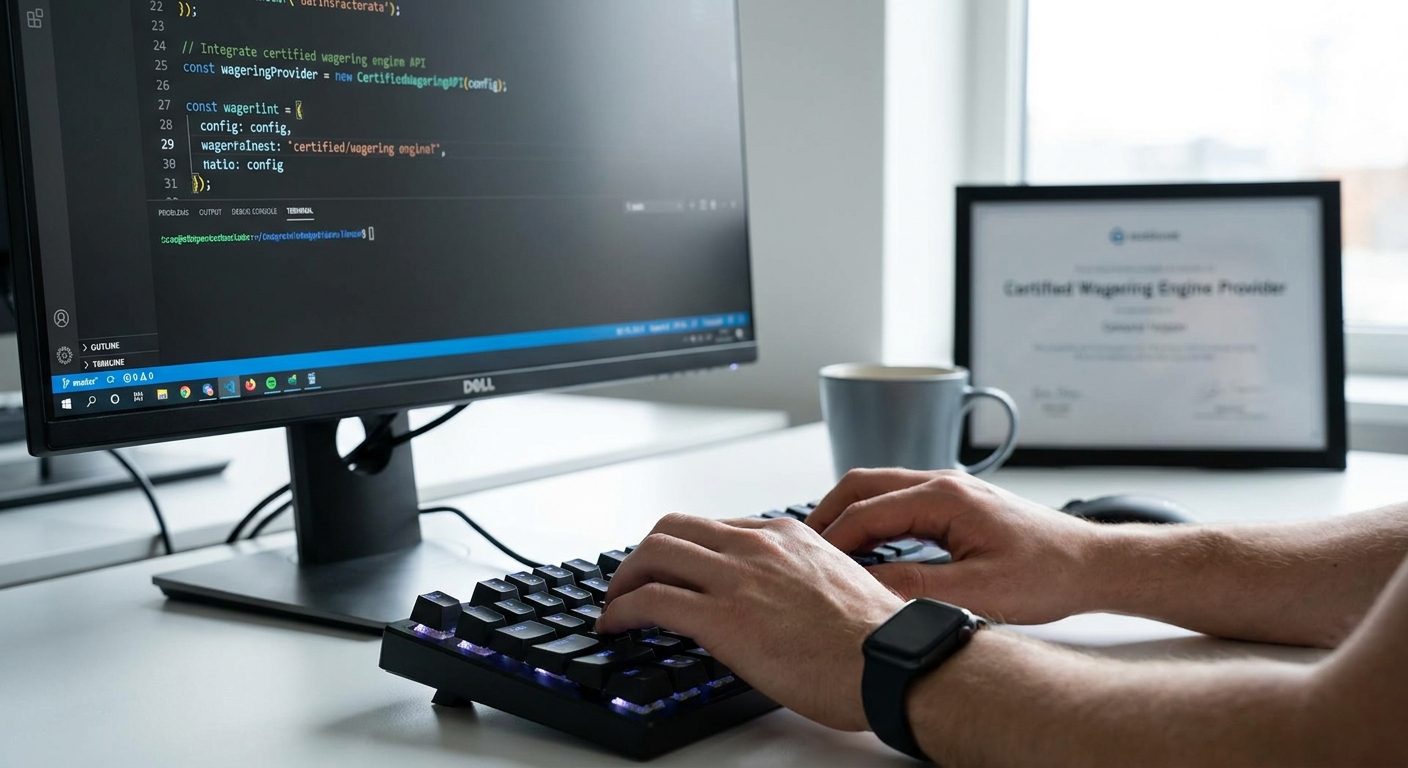 Developer integrating a certified wagering engine API into a sports betting platform infrastructure.