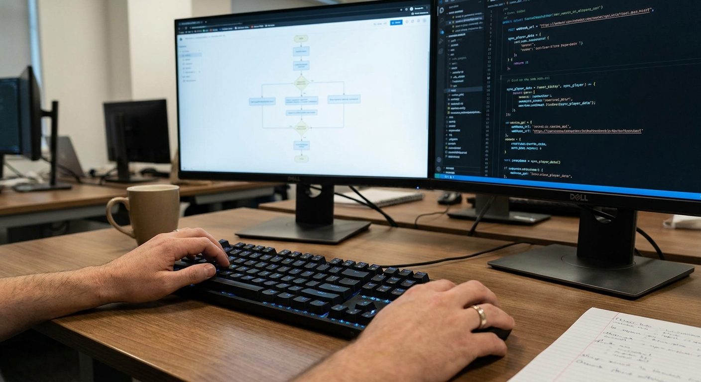 Developer integrating REST APIs and Webhooks for real-time synchronization between gaming platforms and marketing stacks.