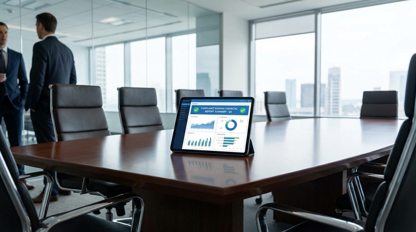 Financial report on a tablet showing stable NGR margins and compliant regulatory reporting for an operator.