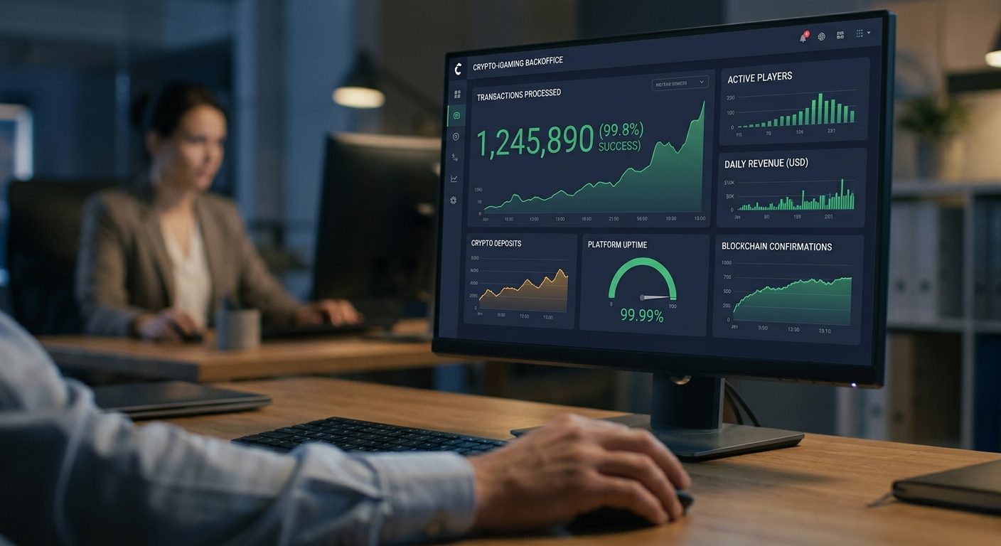 iGaming backoffice dashboard showing successful payment processing and crypto-centric gaming operations.