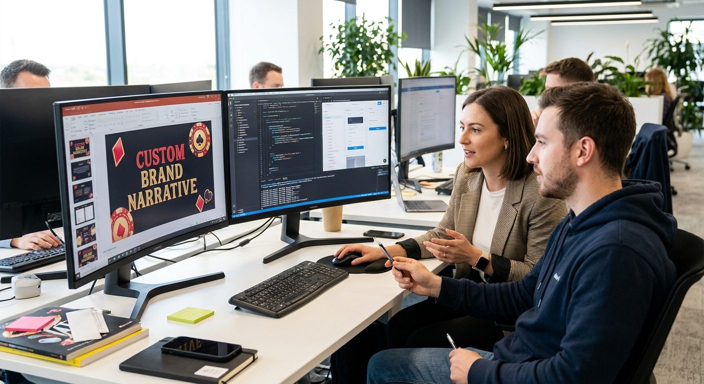 iGaming product manager and developer collaborating on a custom UI in a professional office.