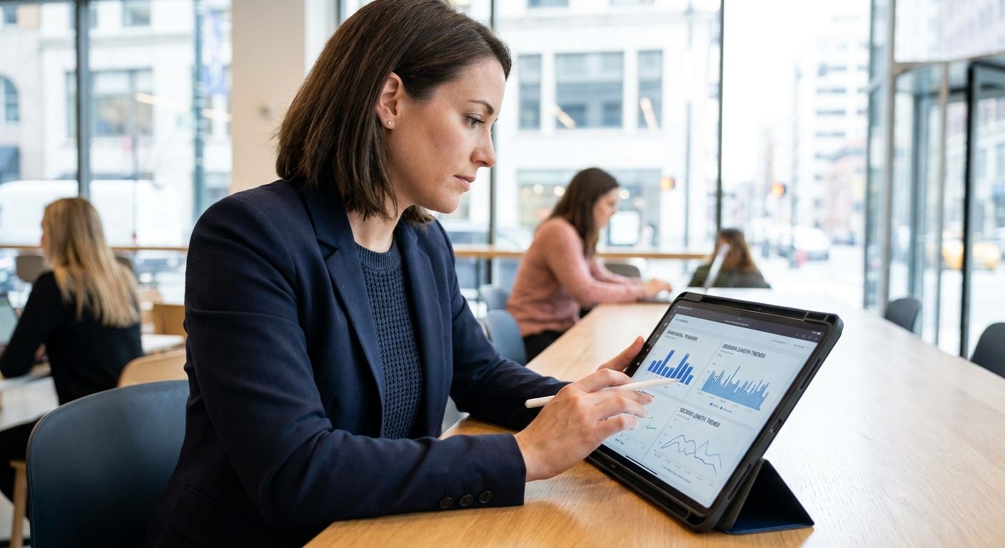 Retention specialist analyzing player session length trends and behavioral triggers in a modern office.