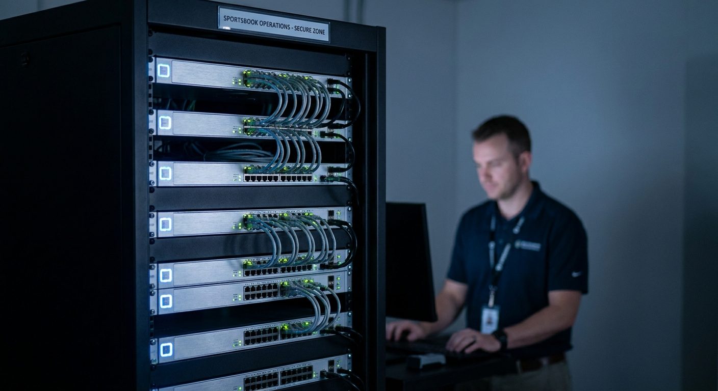 Secure server rack housing the certified background systems for a regulated sports betting operation.